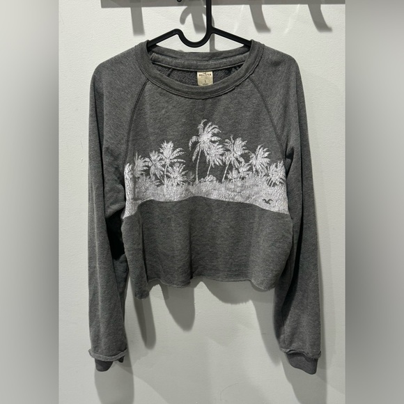 Hollister grey Sweatshirt with White Palm Print crop top soft comfy size S - Picture 2 of 7